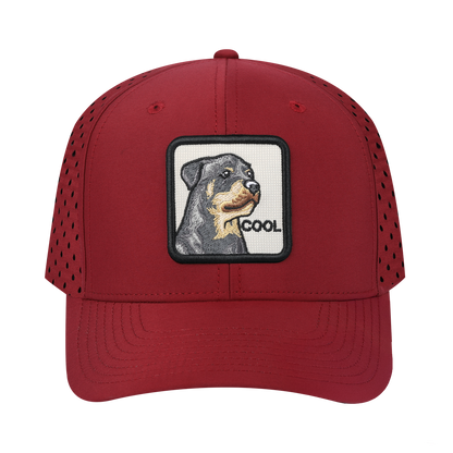 Cool 6-Panel Microfiber Laser Hole Trucker Hat with Dark Red front and Dark Red back