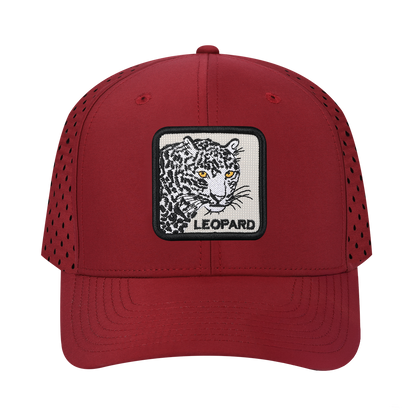 Leopard 6-Panel Microfiber Laser Hole Trucker Hat with Dark Red front and Dark Red back