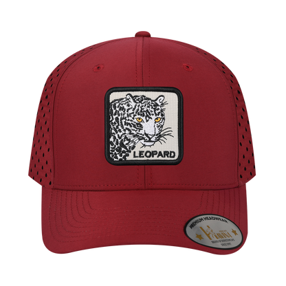 Leopard 6-Panel Microfiber Laser Hole Trucker Hat with Dark Red front and Dark Red back