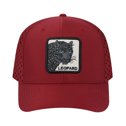 Leopard V2 6-Panel Microfiber Laser Hole Trucker Hat with Dark Red front and Dark Red back