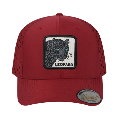 Leopard V2 6-Panel Microfiber Laser Hole Trucker Hat with Dark Red front and Dark Red back