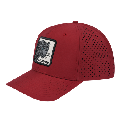 Leopard V2 6-Panel Microfiber Laser Hole Trucker Hat with Dark Red front and Dark Red back