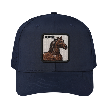 Horse 6-Panel Microfiber Laser Hole Trucker Hat with Navy front and Navy back