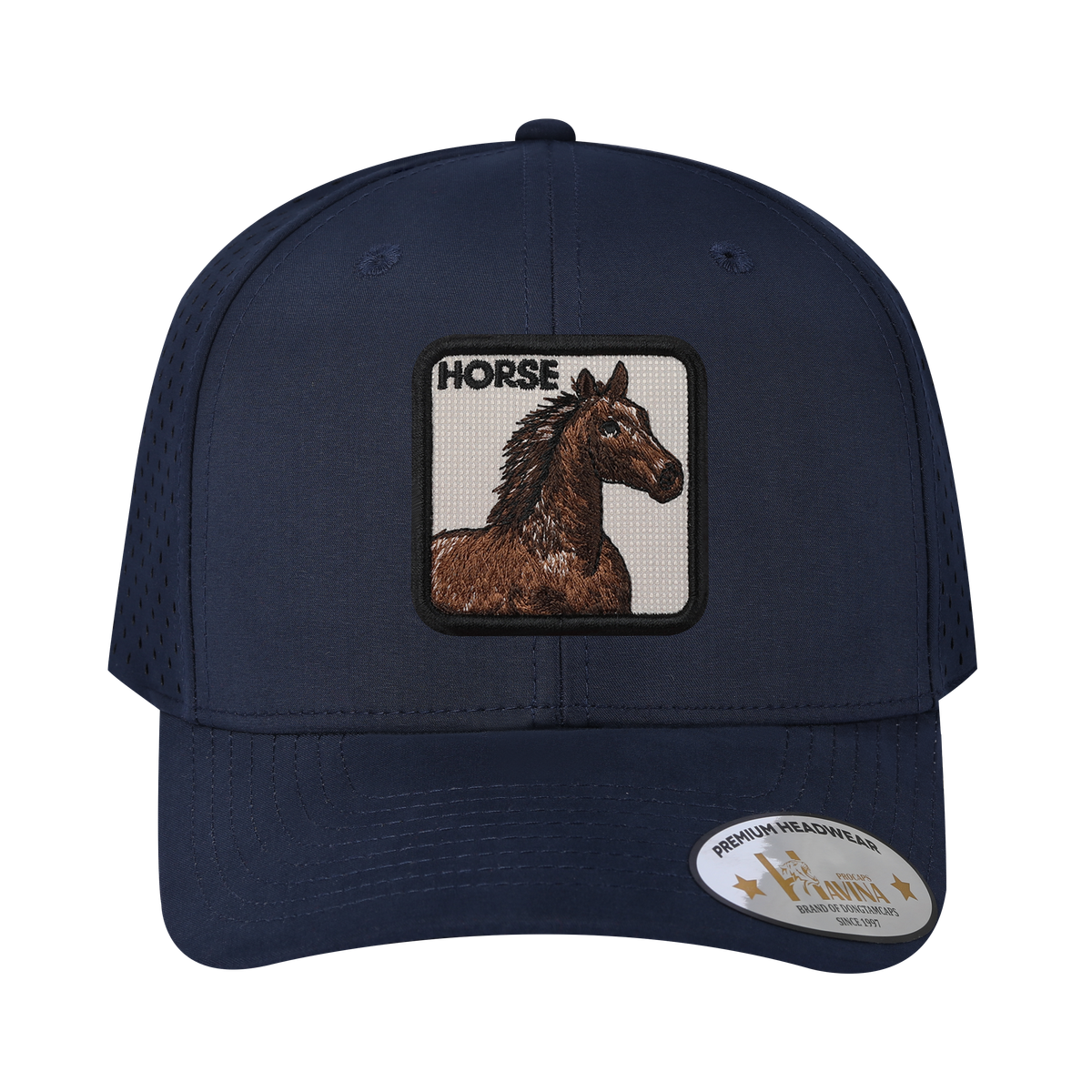 Horse 6-Panel Microfiber Laser Hole Trucker Hat with Navy front and Navy back