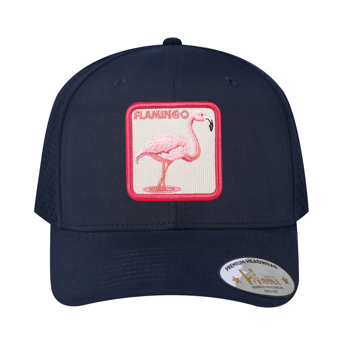 Flamingo 6-Panel Microfiber Laser Hole Trucker Hat with Navy front and Navy back