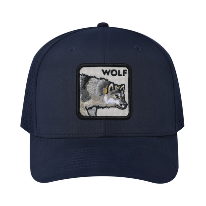 Wolf 6-Panel Microfiber Laser Hole Trucker Hat with Navy front and Navy back