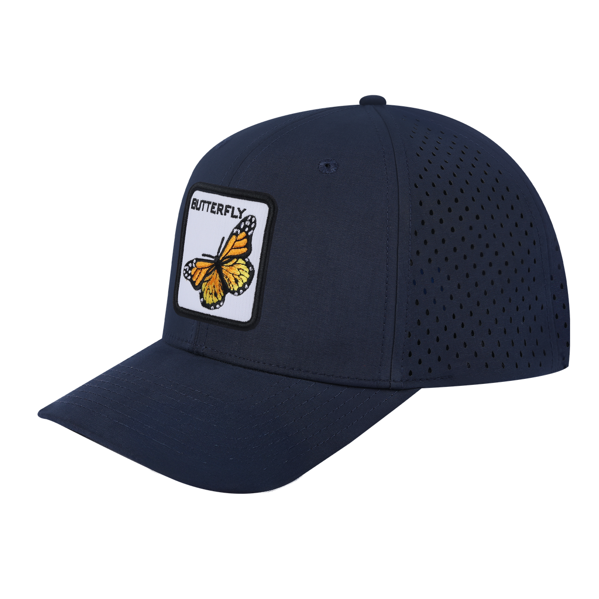 Butterfly 6-Panel Microfiber Laser Hole Trucker Hat with Navy front and Navy back