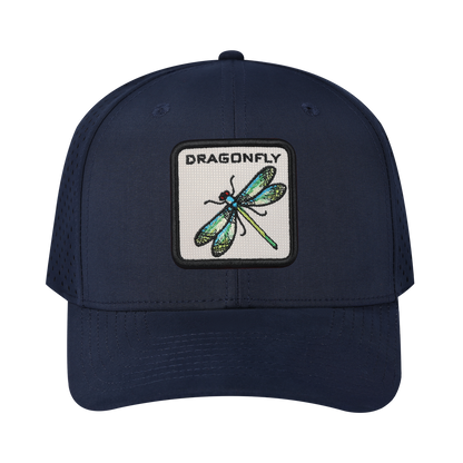 Dragonfly 6-Panel Microfiber Laser Hole Trucker Hat with Navy front and Navy back
