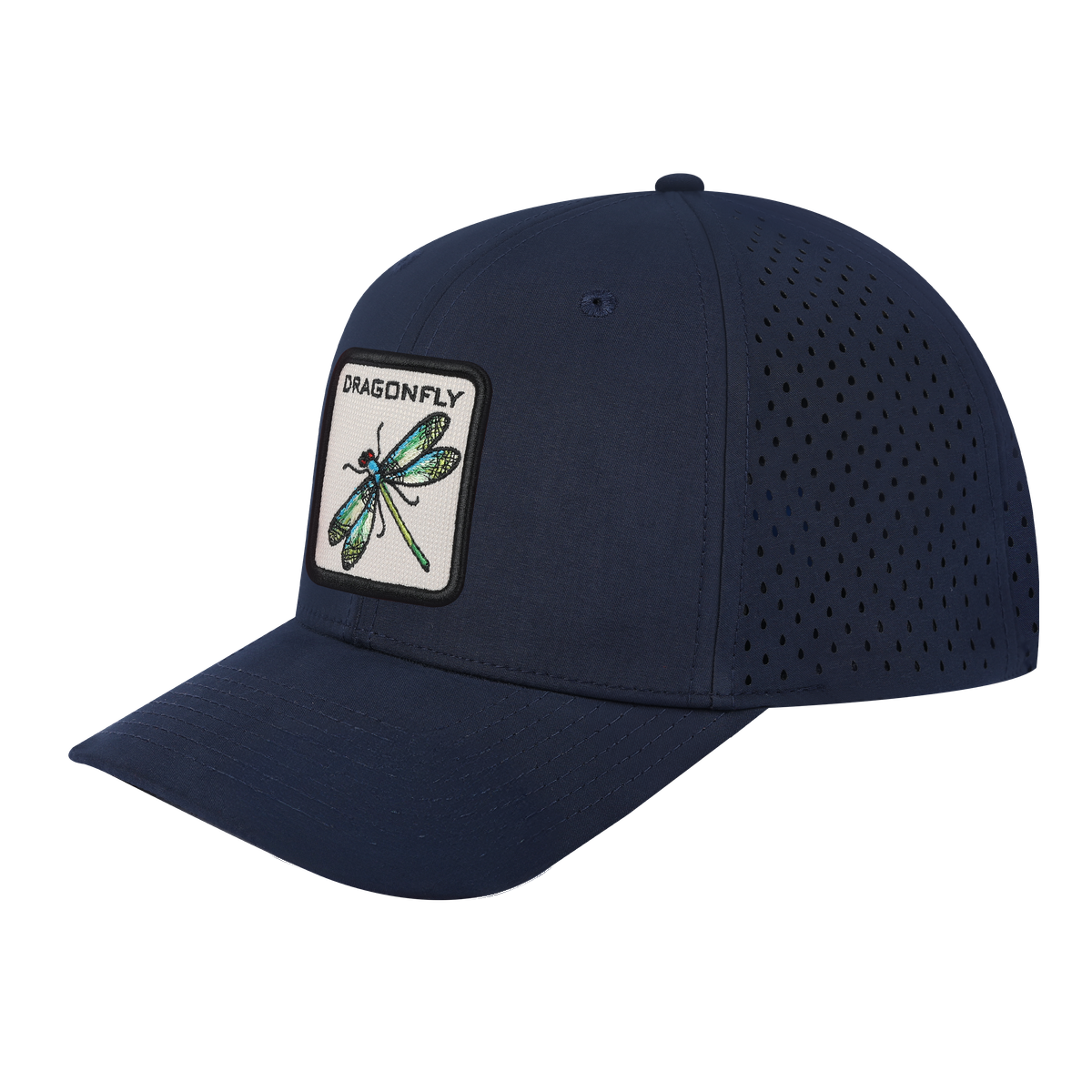 Dragonfly 6-Panel Microfiber Laser Hole Trucker Hat with Navy front and Navy back