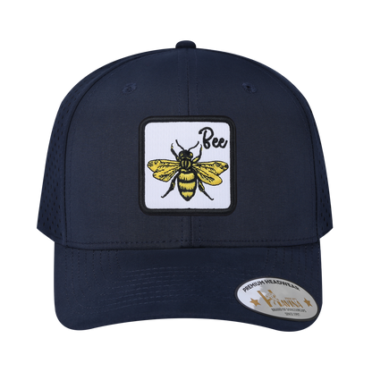 Bee 6-Panel Microfiber Laser Hole Trucker Hat with Navy front and Navy back