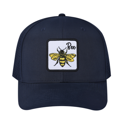 Bee 6-Panel Microfiber Laser Hole Trucker Hat with Navy front and Navy back