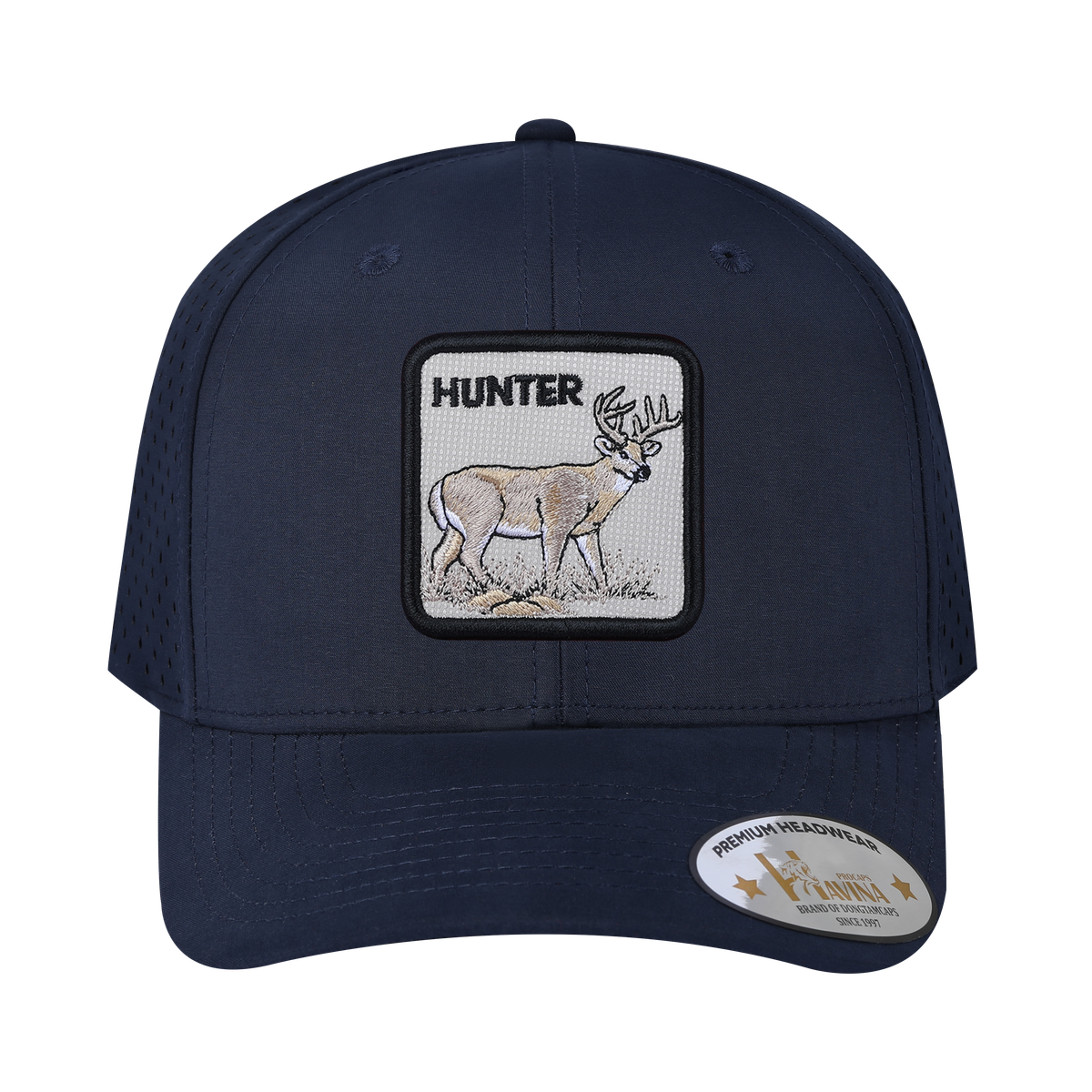 Hunter 6-Panel Microfiber Laser Hole Trucker Hat with Navy front and Navy back