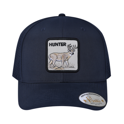 Hunter 6-Panel Microfiber Laser Hole Trucker Hat with Navy front and Navy back