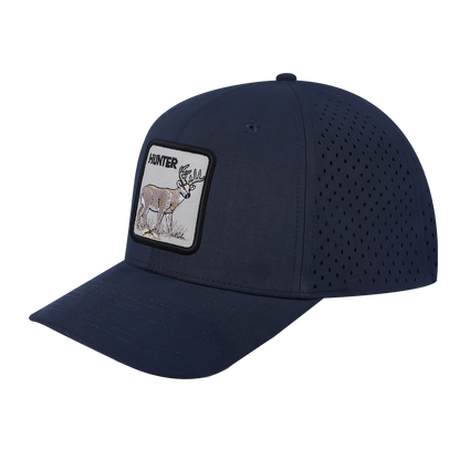 Hunter 6-Panel Microfiber Laser Hole Trucker Hat with Navy front and Navy back