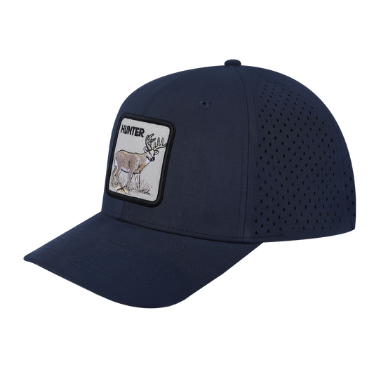 Hunter 6-Panel Microfiber Laser Hole Trucker Hat with Navy front and Navy back