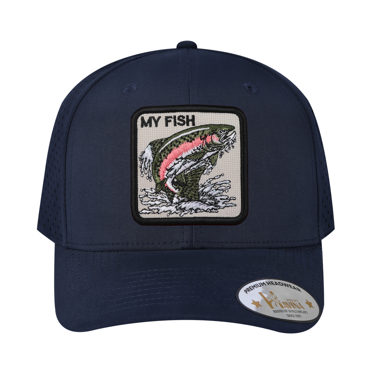 My Fish 6-Panel Microfiber Laser Hole Trucker Hat with Navy front and Navy back