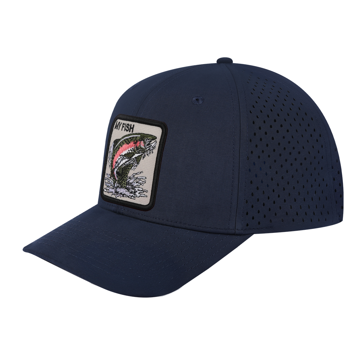 My Fish 6-Panel Microfiber Laser Hole Trucker Hat with Navy front and Navy back