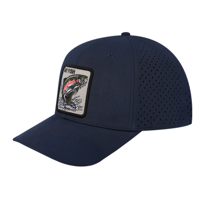 My Fish 6-Panel Microfiber Laser Hole Trucker Hat with Navy front and Navy back