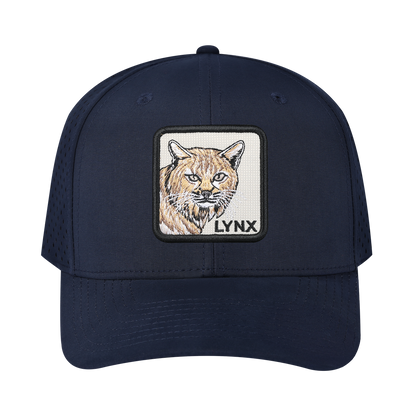 Lynx 6-Panel Microfiber Laser Hole Trucker Hat with Navy front and Navy back