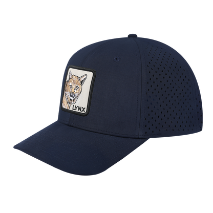 Lynx 6-Panel Microfiber Laser Hole Trucker Hat with Navy front and Navy back