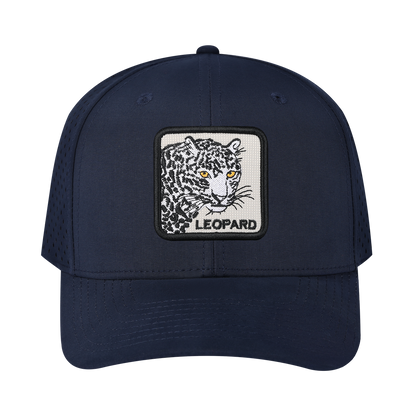 Leopard 6-Panel Microfiber Laser Hole Trucker Hat with Navy front and Navy back