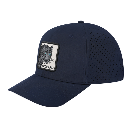 Leopard V2 6-Panel Microfiber Laser Hole Trucker Hat with Navy front and Navy back