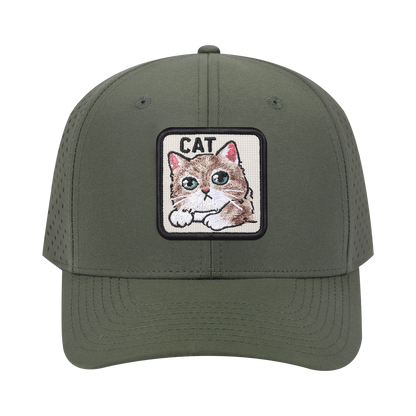 Cat 6-Panel Microfiber Laser Hole Trucker Hat with Olive front and Olive back