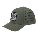 Wolf 6-Panel Microfiber Laser Hole Trucker Hat with Olive front and Olive back