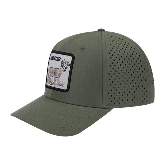 Hunter 6-Panel Microfiber Laser Hole Trucker Hat with Olive front and Olive back