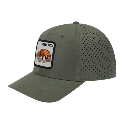 Red Fox 6-Panel Microfiber Laser Hole Trucker Hat with Olive front and Olive back