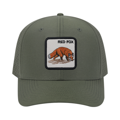 Red Fox 6-Panel Microfiber Laser Hole Trucker Hat with Olive front and Olive back