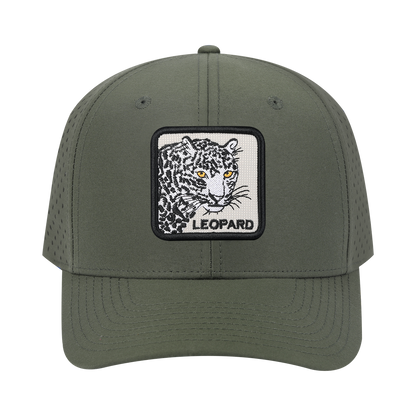 Leopard 6-Panel Microfiber Laser Hole Trucker Hat with Olive front and Olive back