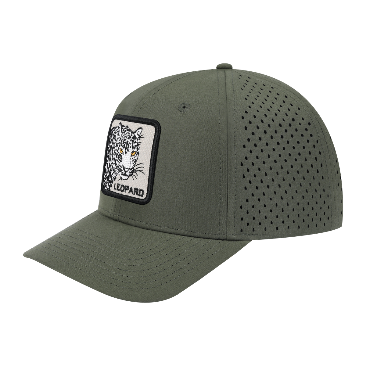 Leopard 6-Panel Microfiber Laser Hole Trucker Hat with Olive front and Olive back