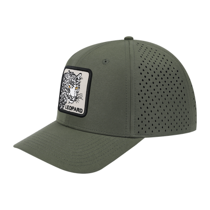 Leopard 6-Panel Microfiber Laser Hole Trucker Hat with Olive front and Olive back