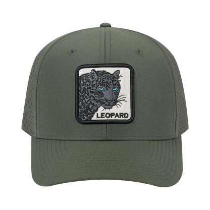 Leopard V2 6-Panel Microfiber Laser Hole Trucker Hat with Olive front and Olive back