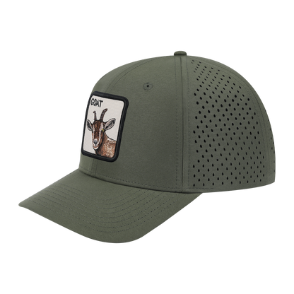 Goat 6-Panel Microfiber Laser Hole Trucker Hat with Olive front and Olive back