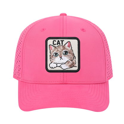 Cat 6-Panel Microfiber Laser Hole Trucker Hat with Pink front and Pink back