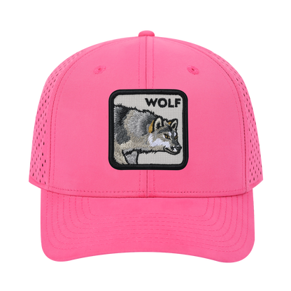 Wolf 6-Panel Microfiber Laser Hole Trucker Hat with Pink front and Pink back
