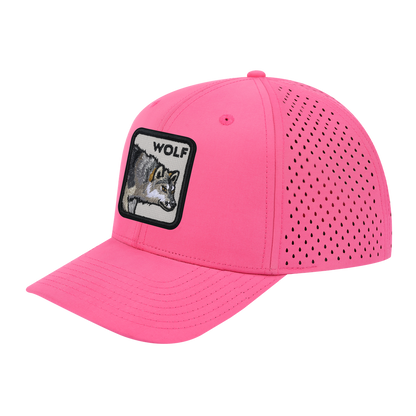 Wolf 6-Panel Microfiber Laser Hole Trucker Hat with Pink front and Pink back