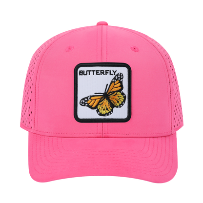 Butterfly 6-Panel Microfiber Laser Hole Trucker Hat with Pink front and Pink back