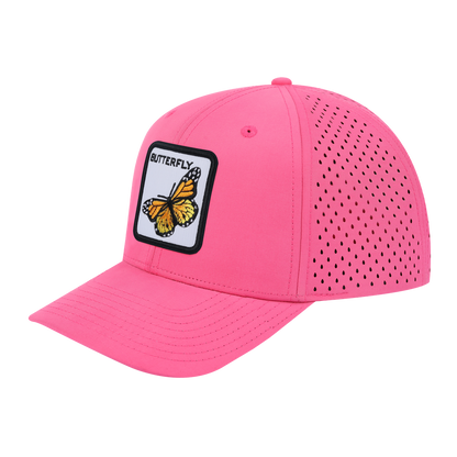Butterfly 6-Panel Microfiber Laser Hole Trucker Hat with Pink front and Pink back