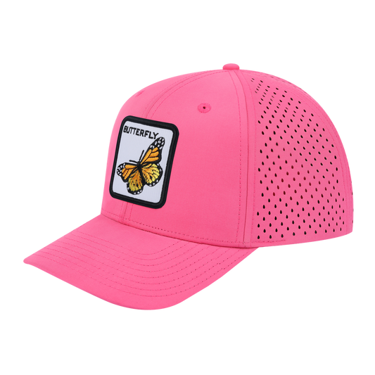 Butterfly 6-Panel Microfiber Laser Hole Trucker Hat with Pink front and Pink back