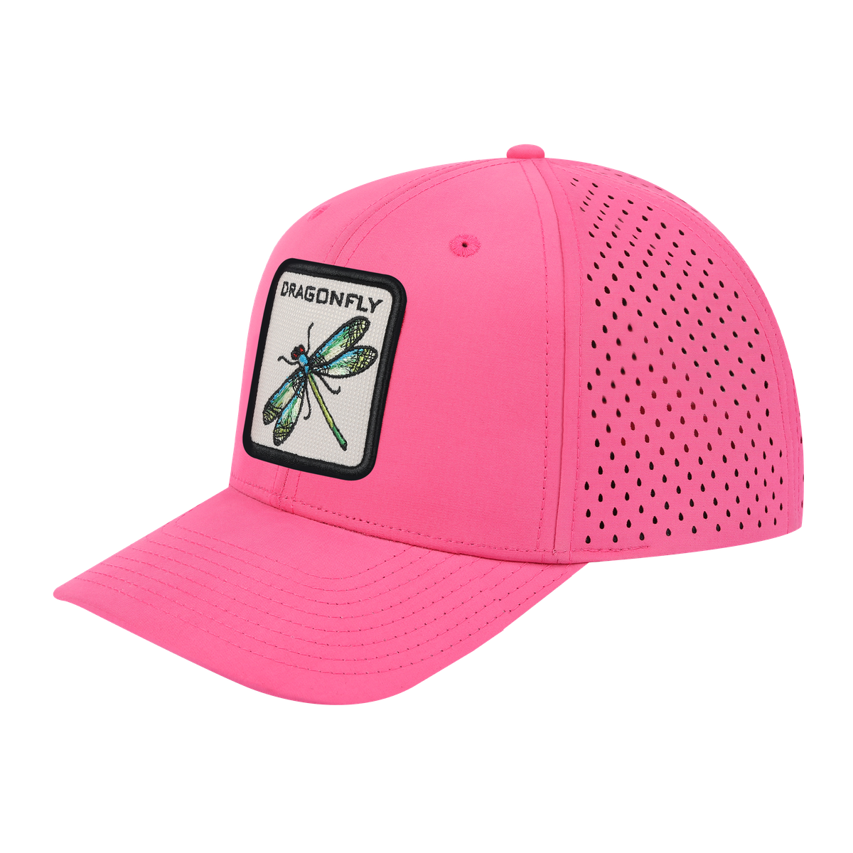 Dragonfly 6-Panel Microfiber Laser Hole Trucker Hat with Pink front and Pink back