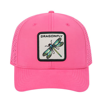 Dragonfly 6-Panel Microfiber Laser Hole Trucker Hat with Pink front and Pink back
