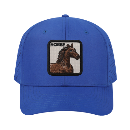 Horse 6-Panel Microfiber Laser Hole Trucker Hat with Royal Blue front and Royal Blue back