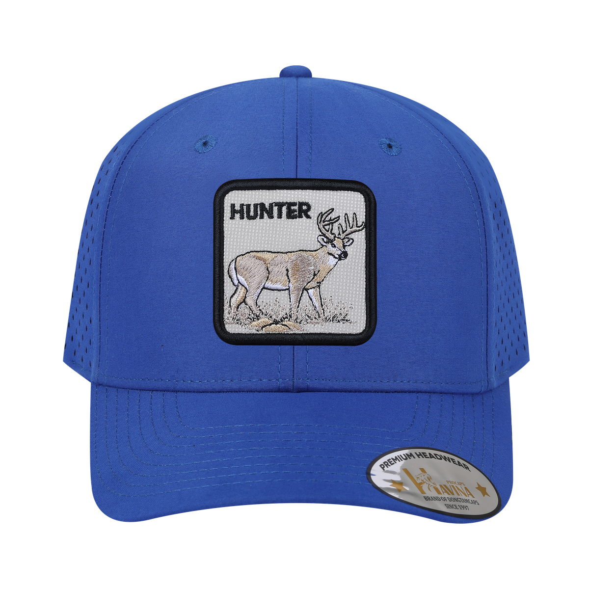 Hunter 6-Panel Microfiber Laser Hole Trucker Hat with Royal Blue front and Royal Blue back