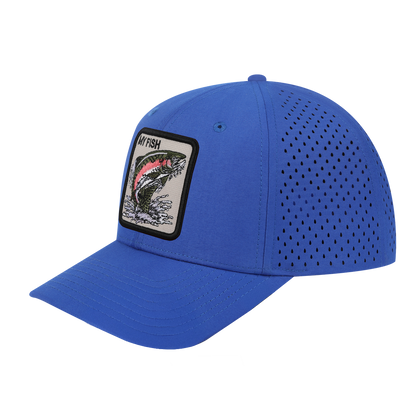My Fish 6-Panel Microfiber Laser Hole Trucker Hat with Royal Blue front and Royal Blue back