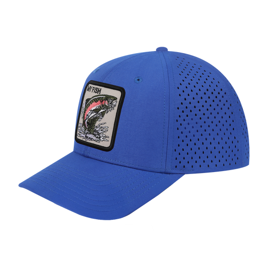 My Fish 6-Panel Microfiber Laser Hole Trucker Hat with Royal Blue front and Royal Blue back