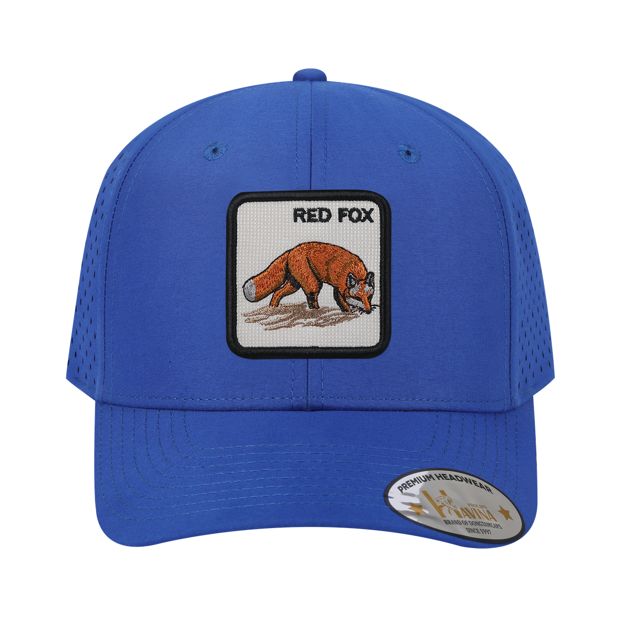 Red Fox 6-Panel Microfiber Laser Hole Trucker Hat with Royal Blue front and Royal Blue back