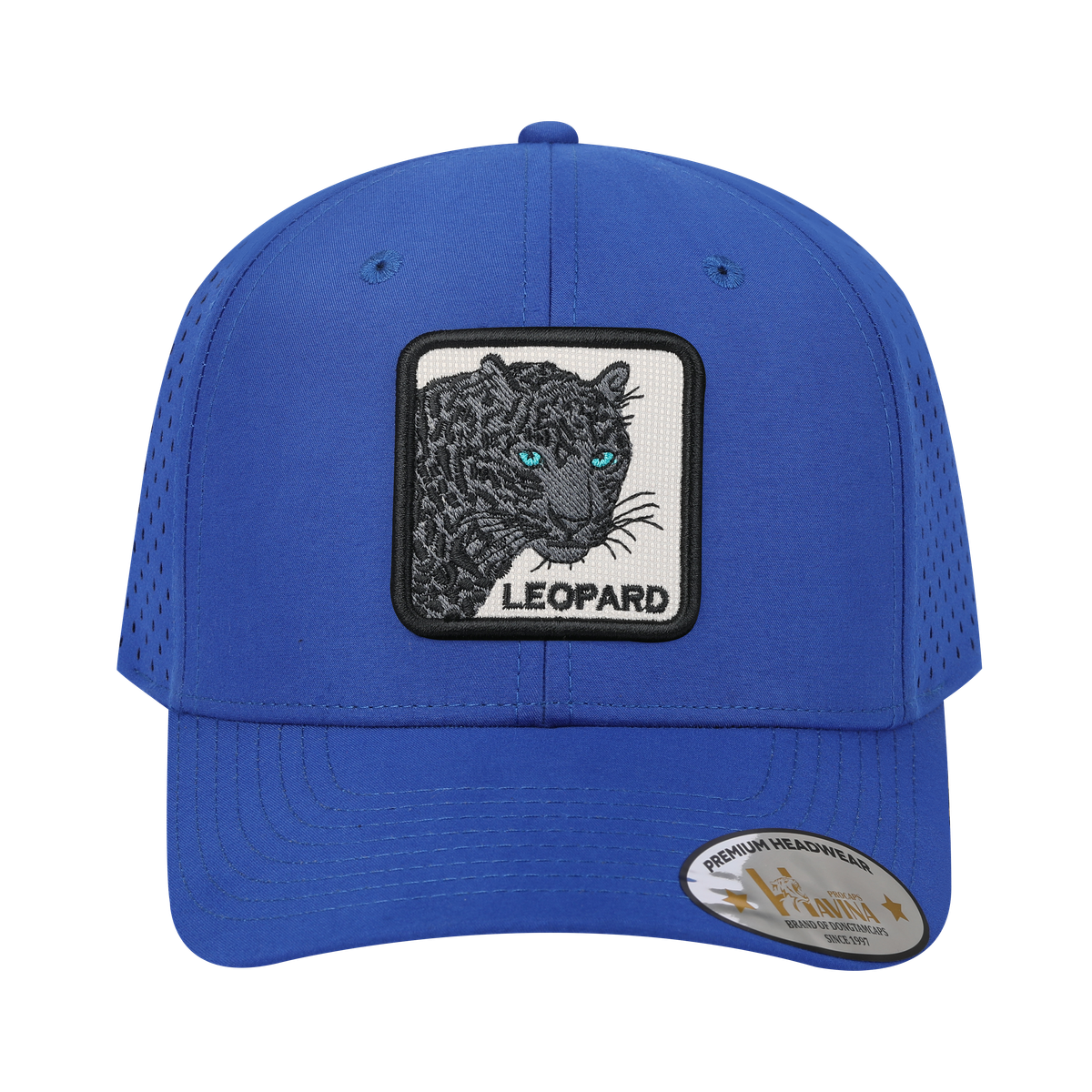 Leopard V2 6-Panel Microfiber Laser Hole Trucker Hat with Royal Blue front and Royal Blue back